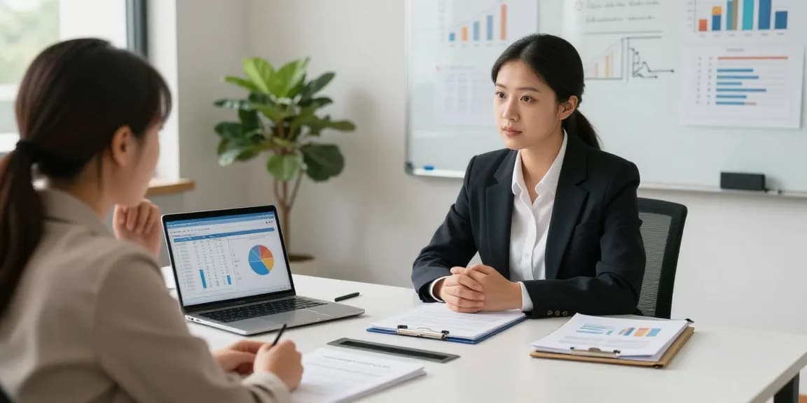 Debt consolidation consultation scene with advisor and client discussing financial strategies in a modern office.