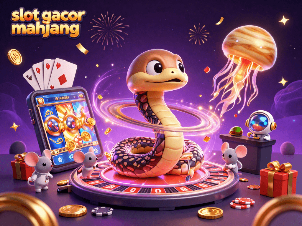 Experience the thrills of slot gacor mahjong with vibrant 3D casino characters amidst a cosmic celebration.