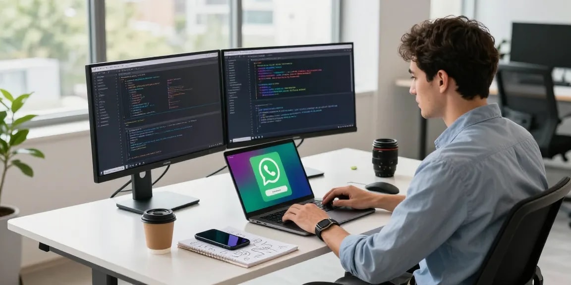 Downloading WhatsApp下載 on a modern laptop in a tech workspace.