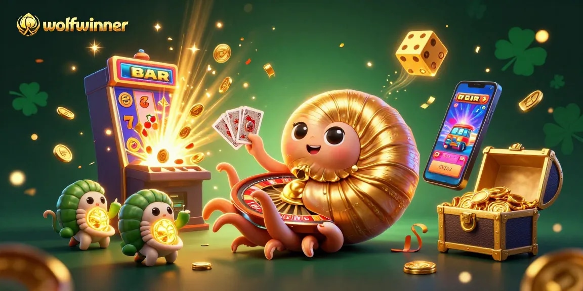 Engage in exciting gameplay with wolfwinner at a colorful online casino scene featuring slots and cards.