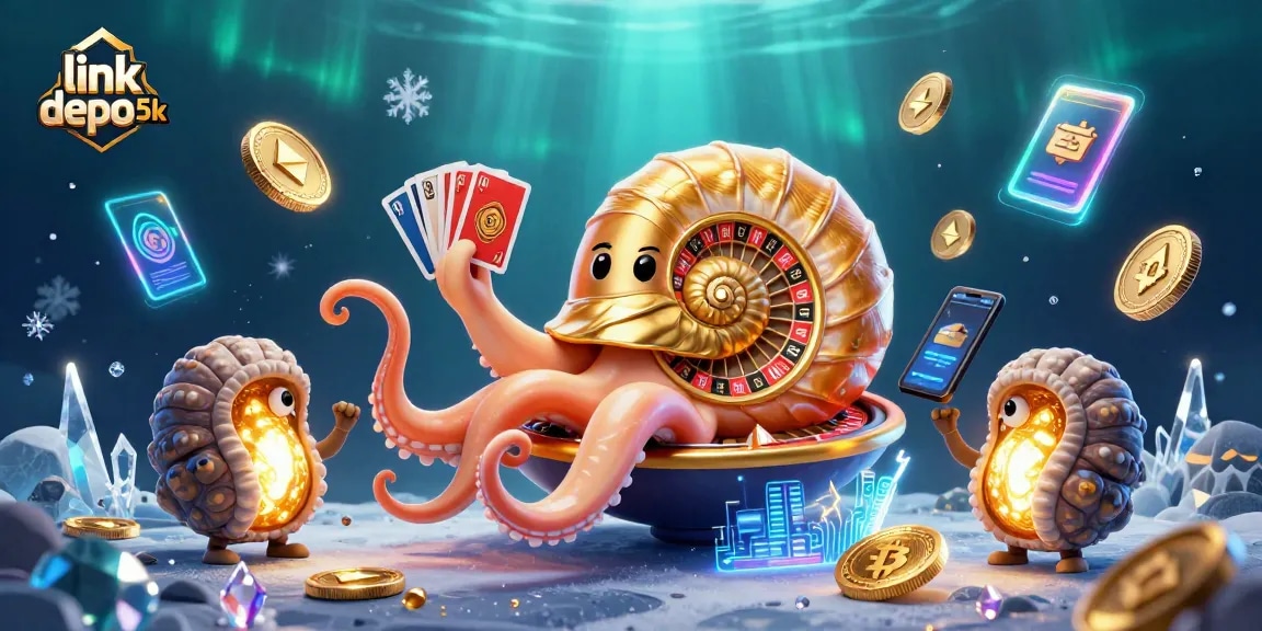 Engage in winning strategies with link depo 5k, featuring vibrant 3D elements of a nautilus roulette and cryptocurrency.