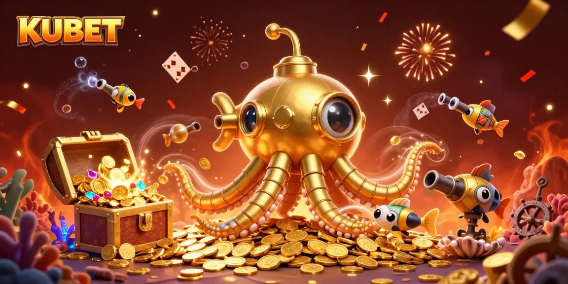 KUBET players win big surrounded by golden coins, treasure chests, and vibrant casino game elements.