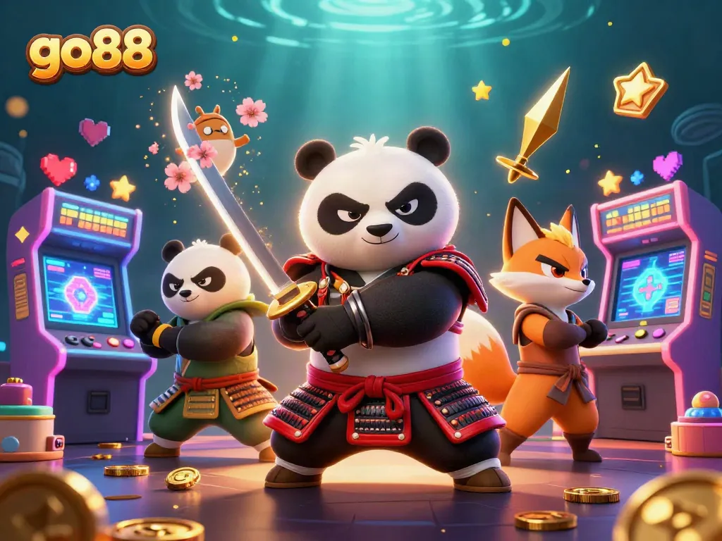 Experience thrilling gameplay at go88, featuring a cartoon samurai panda in action with vibrant casino elements.