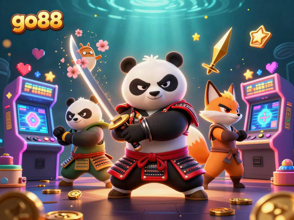 Experience thrilling gameplay at go88, featuring a cartoon samurai panda in action with vibrant casino elements.