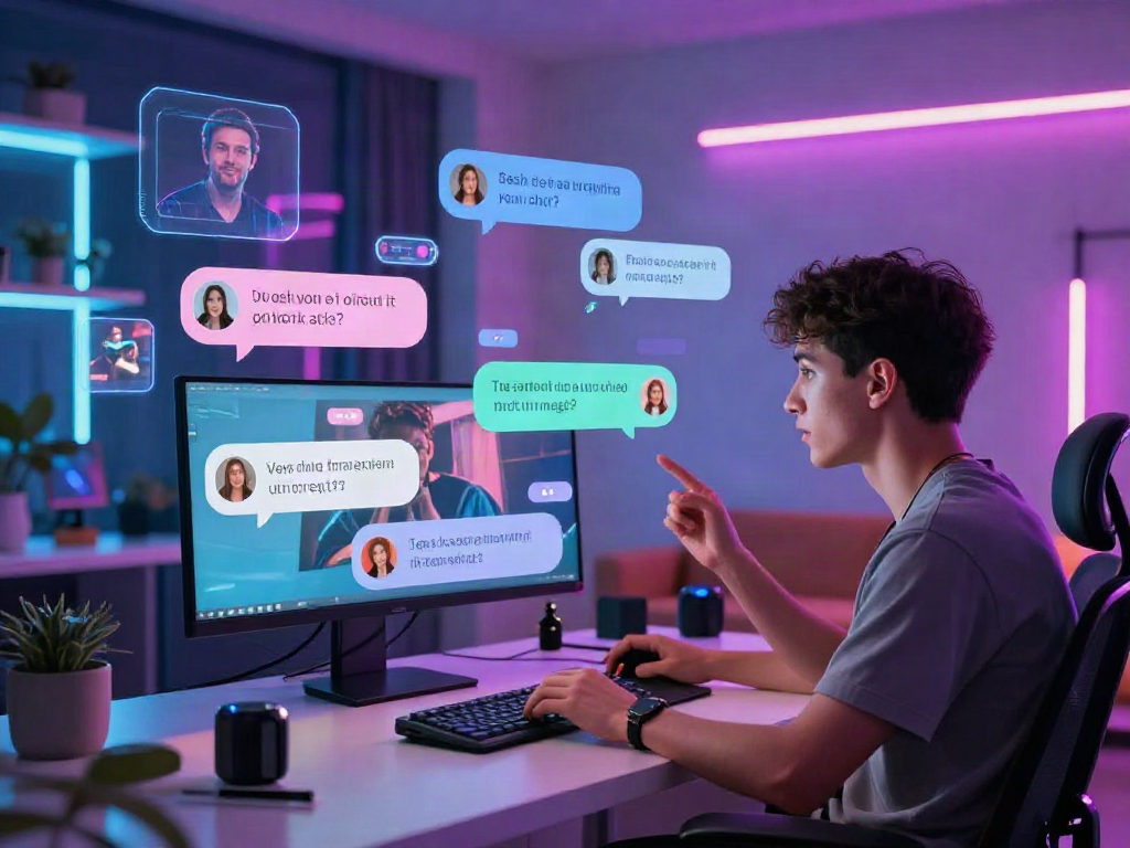 Engaging ai porn chat scene with a user interacting with AI in a vibrant virtual environment.