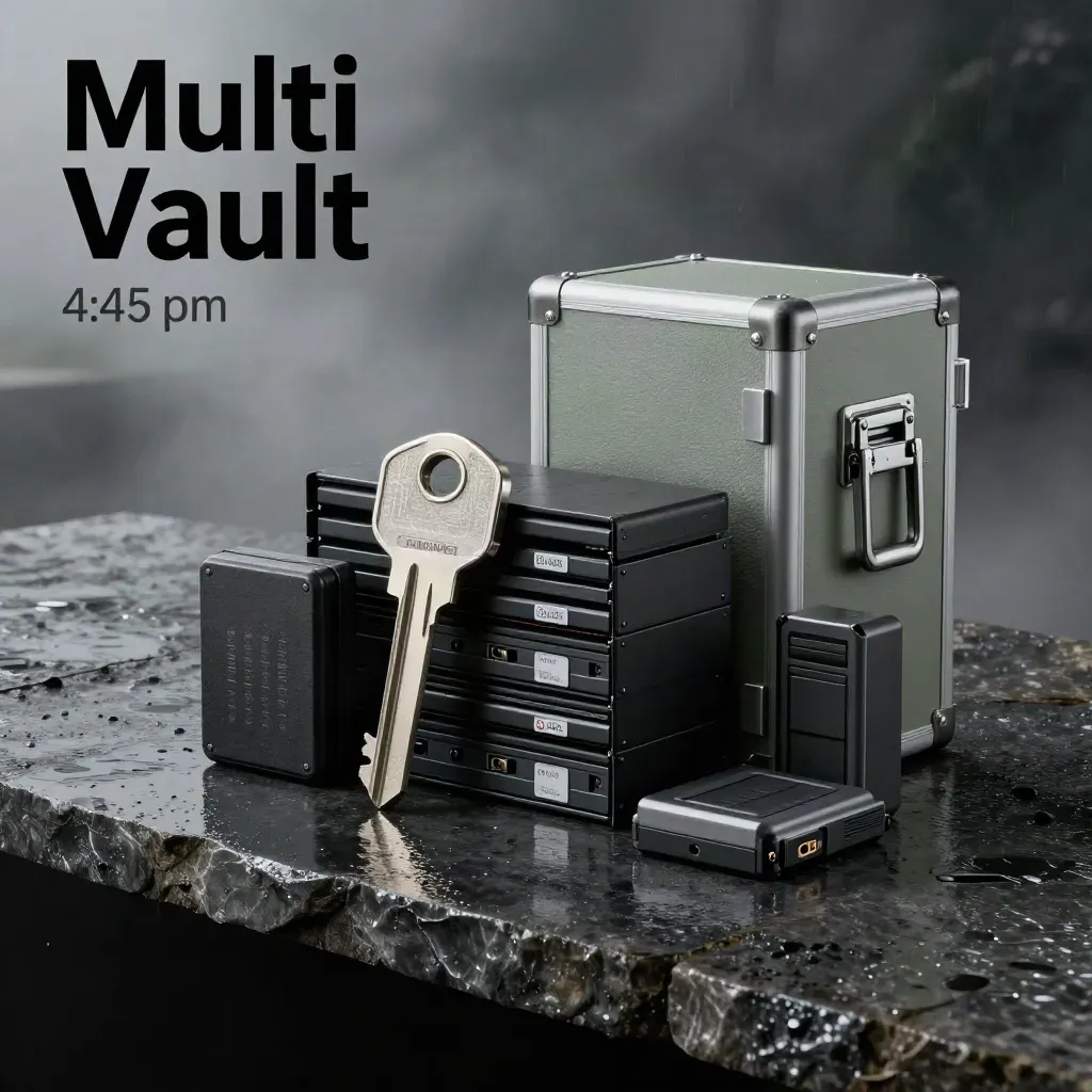 Brushed-steel security hardware and vault storage cases on wet stone in a dark studio.