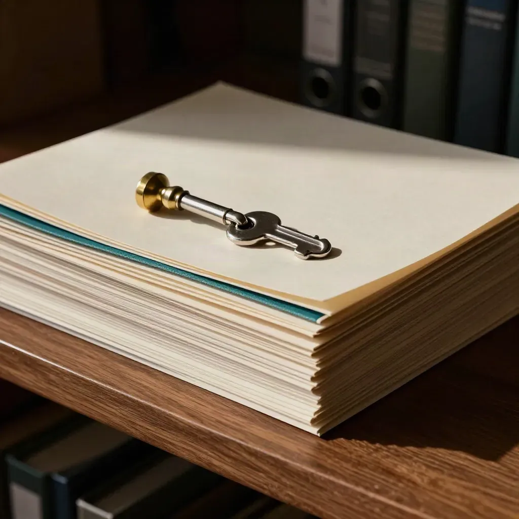 Brass file clasp, cream archival sleeves and a seal press in dramatic low-key light.