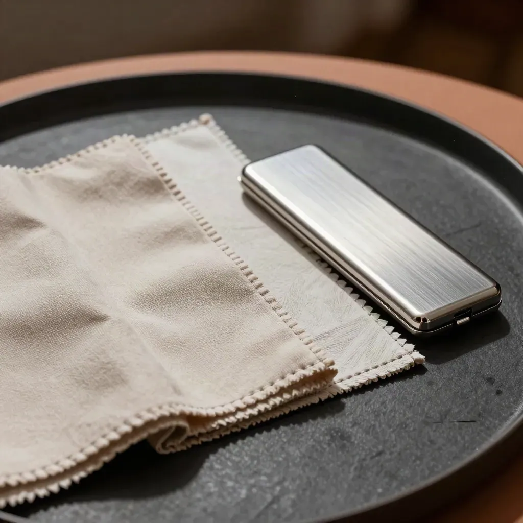 Fabric swatches and a silver clasp beside a slim delivery case on a dark tray.