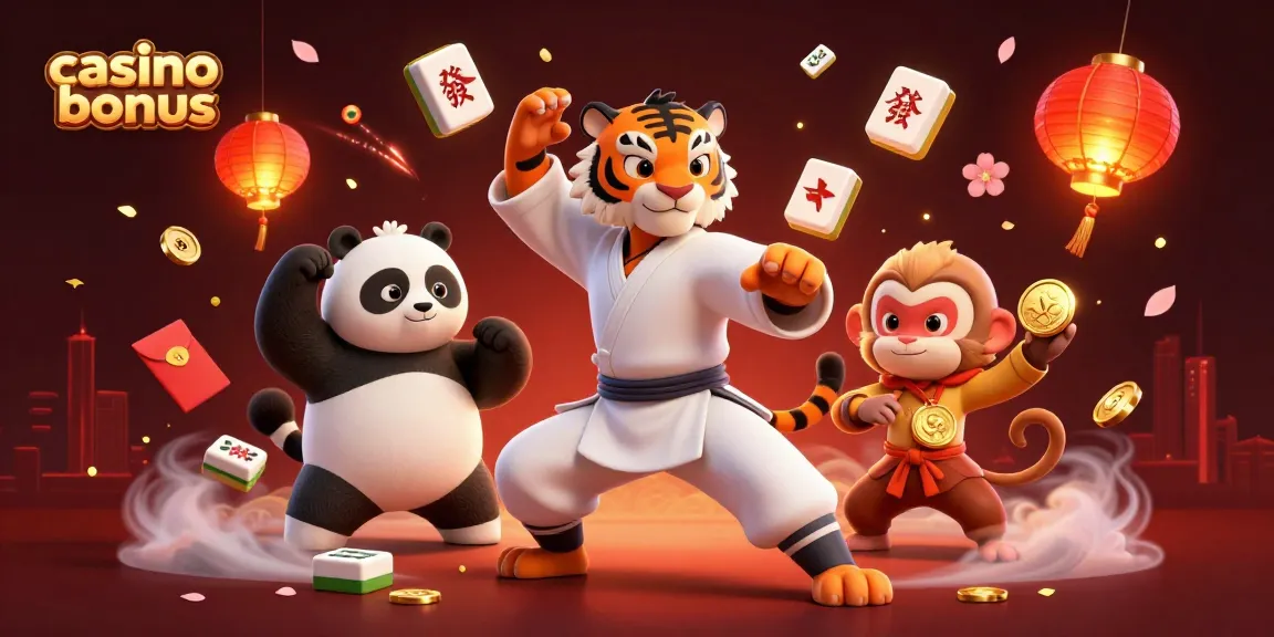 Experience the engaging world of casino bonuses with a playful kung fu tiger and friends in a vibrant 3D scene.