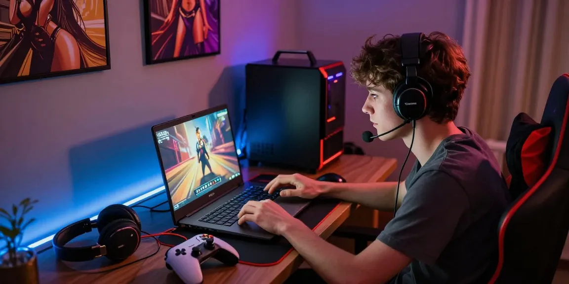 Engaging sex simulator gameplay on a laptop in an inviting room with LED lighting.