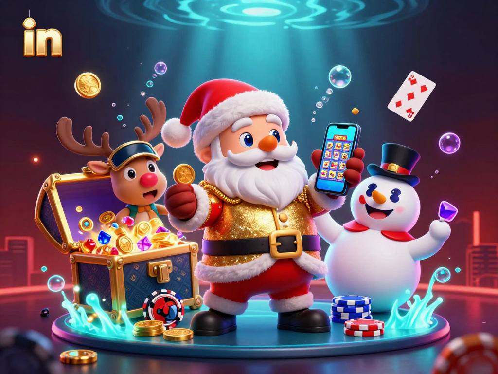 Experience thrilling slot jackpots with Santa and friends in a festive casino scene!