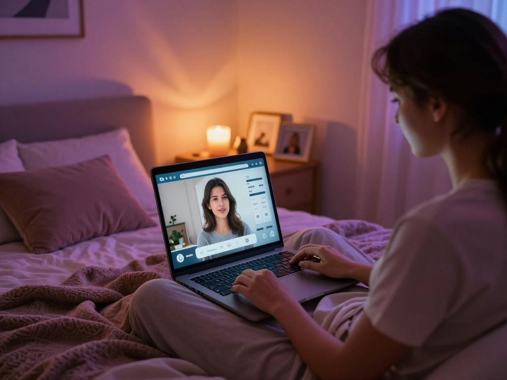 AI porn chat interaction in a cozy setting with ambient lighting