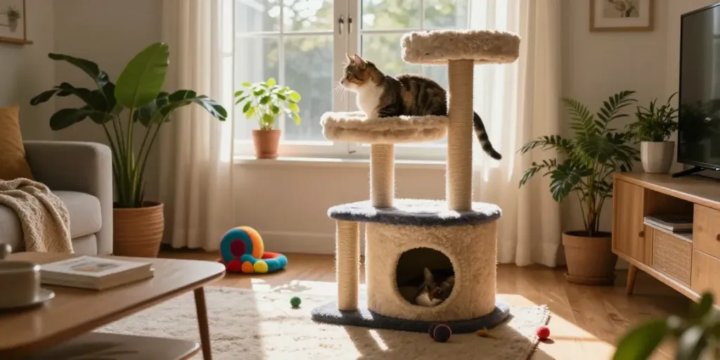 Playful cat exploring stylish cat trees in a cozy living room.