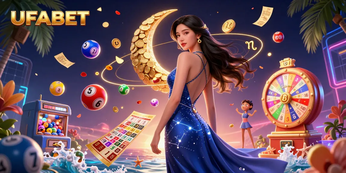Play thrilling lottery games at UFABET, showcasing dynamic colorful balls, bingo cards, and prize wheels.