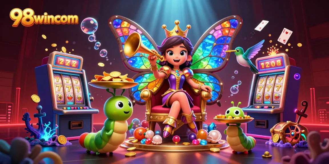 Engage with vibrant 98wincom slots featuring a butterfly queen and riches in this lively 3D scene.