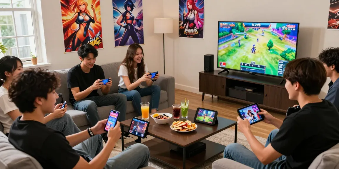 Friends enjoying ecchi games on multiple devices in a cozy lounge.