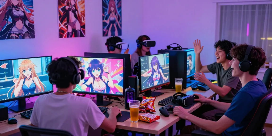Engaging players immersed in hentai games, showcasing a lively gaming atmosphere with anime-style artwork.