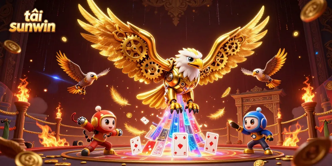 Experience the excitement of tải sunwin with a mesmerizing 3D casino scene featuring a golden eagle and holographic cards.
