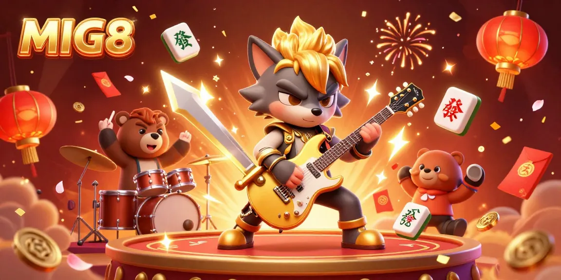 MIG8 showcases an electrifying casino atmosphere with a rock star wolf and dynamic gaming elements.