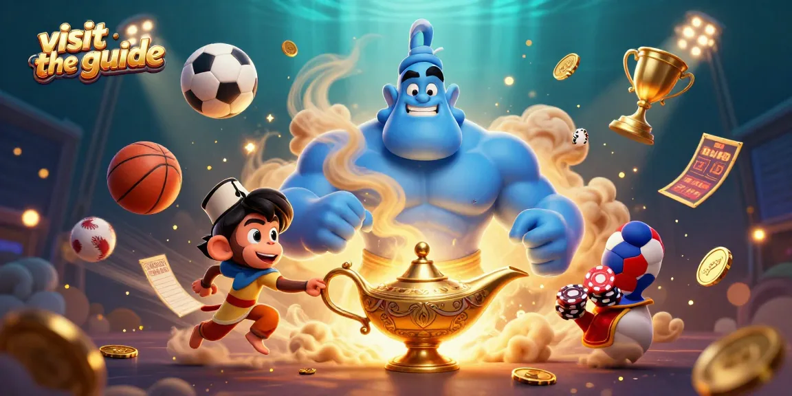 Visit the guide to enjoy a lively scene with a genie, monkey, and sports elements in a vibrant casino atmosphere.