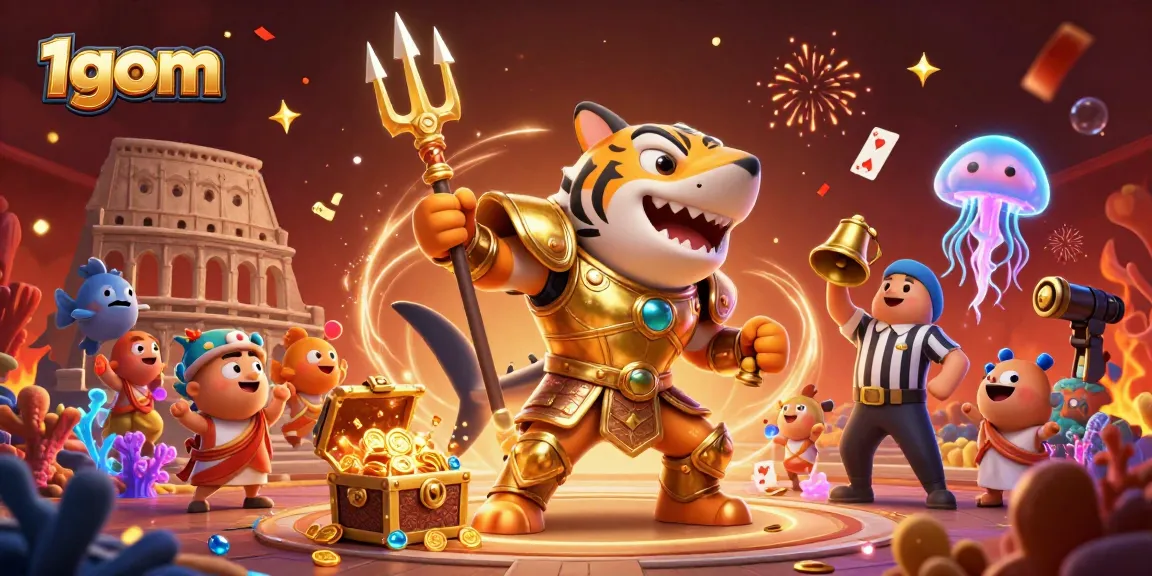 Experience thrilling bets with 1gom in an underwater casino scene featuring a fierce shark and treasure.