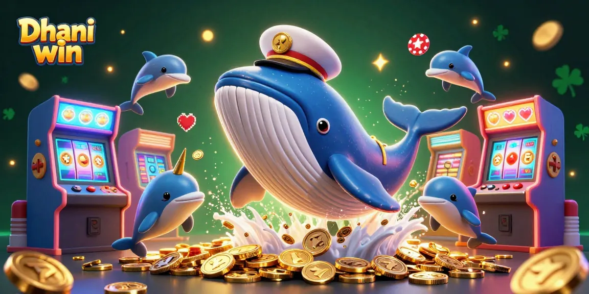 Dive into the excitement of Dhani win with a vibrant 3D scene of a whale and playful dolphins amidst casino elements.