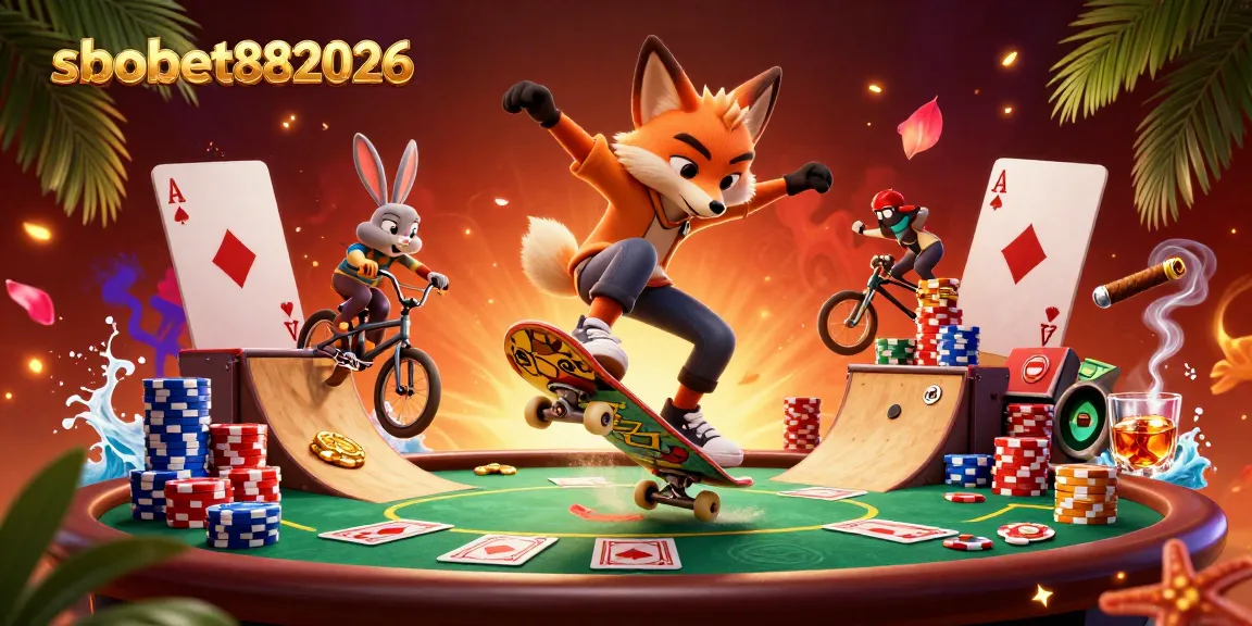 Experience thrilling sports betting action with sbobet882026, showcasing vibrant casino elements and energetic characters.