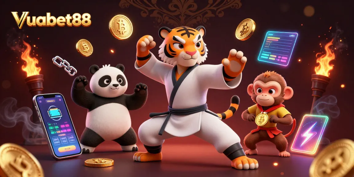 Engage in the thrilling world of Vuabet88 with a kung fu tiger mastering his craft amidst crypto coins.