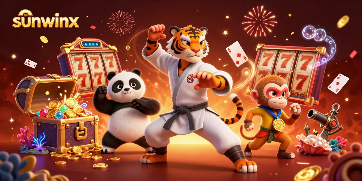 Engage with sunwinx as a kung fu tiger showcases a jackpot-winning crane stance amidst vibrant casino-themed elements.