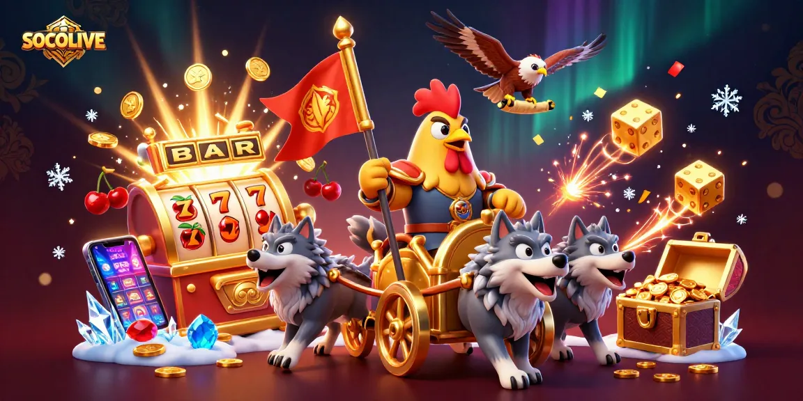 SOCOLIVE engages viewers with a vibrant scene featuring a rooster warlord amidst dynamic gaming elements, drawing attention to thrilling experiences.