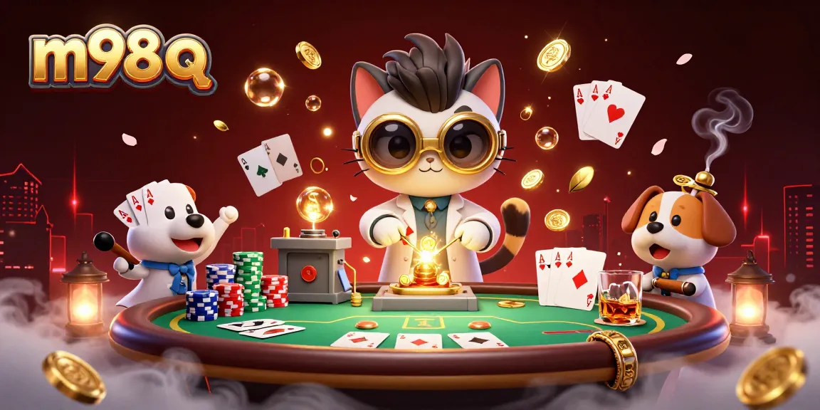 Witness the excitement of m98 q with a mad scientist cat and assistant amid a vibrant casino scene.