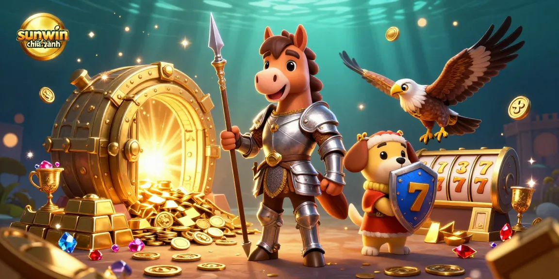 Engage in thrilling gaming action with sunwin chính hãng, featuring vibrant treasures and characters capturing the essence of an online casino.